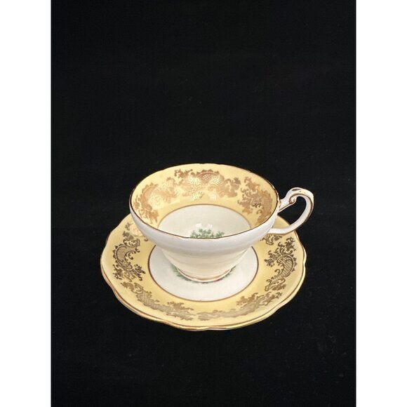 Vintage EB Foley Bone China Teacup & Saucer Set Yellow/Gold Floral Bird England - Picture 2 of 8